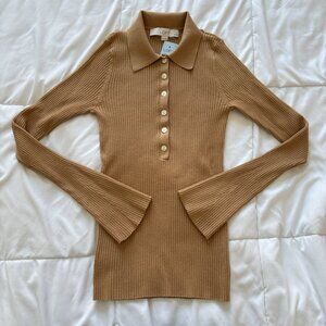NWT LOFT Womens Size‎ Xs Brown 1/2 Button Up Collared Sweater Long Sleeve Office